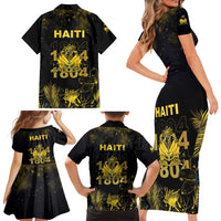 Haiti 1804 Family Matching Short Sleeve Bodycon Dress and Hawaiian Shirt Gold Tropical Leaves And Coat Of Arms - Wonder Print Shop