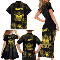 Haiti 1804 Family Matching Short Sleeve Bodycon Dress and Hawaiian Shirt Gold Tropical Leaves And Coat Of Arms - Wonder Print Shop