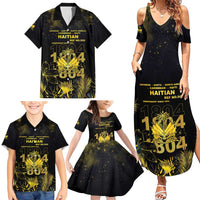 Haiti 1804 Family Matching Summer Maxi Dress and Hawaiian Shirt Gold Tropical Leaves And Coat Of Arms - Wonder Print Shop