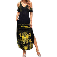 Haiti 1804 Family Matching Summer Maxi Dress and Hawaiian Shirt Gold Tropical Leaves And Coat Of Arms - Wonder Print Shop