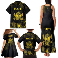 Haiti 1804 Family Matching Tank Maxi Dress and Hawaiian Shirt Gold Tropical Leaves And Coat Of Arms - Wonder Print Shop