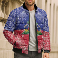 Haiti Paisley Bomber Puffer Jacket Haitian Flag Bandana Style - Wonder Print Shop