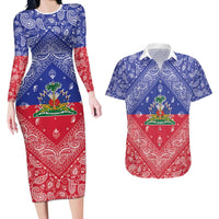 Haiti Paisley Couples Matching Long Sleeve Bodycon Dress and Hawaiian Shirt Haitian Flag Bandana Style - Wonder Print Shop