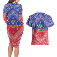 Haiti Paisley Couples Matching Long Sleeve Bodycon Dress and Hawaiian Shirt Haitian Flag Bandana Style - Wonder Print Shop