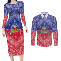 Haiti Paisley Couples Matching Long Sleeve Bodycon Dress and Long Sleeve Button Shirt Haitian Flag Bandana Style - Wonder Print Shop