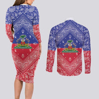 Haiti Paisley Couples Matching Long Sleeve Bodycon Dress and Long Sleeve Button Shirt Haitian Flag Bandana Style - Wonder Print Shop