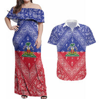 Haiti Paisley Couples Matching Off Shoulder Maxi Dress and Hawaiian Shirt Haitian Flag Bandana Style - Wonder Print Shop