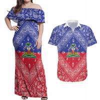 Haiti Paisley Couples Matching Off Shoulder Maxi Dress and Hawaiian Shirt Haitian Flag Bandana Style - Wonder Print Shop