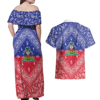 Haiti Paisley Couples Matching Off Shoulder Maxi Dress and Hawaiian Shirt Haitian Flag Bandana Style - Wonder Print Shop