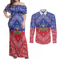 Haiti Paisley Couples Matching Off Shoulder Maxi Dress and Long Sleeve Button Shirt Haitian Flag Bandana Style - Wonder Print Shop