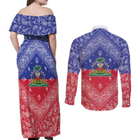 Haiti Paisley Couples Matching Off Shoulder Maxi Dress and Long Sleeve Button Shirt Haitian Flag Bandana Style - Wonder Print Shop