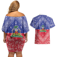 Haiti Paisley Couples Matching Off Shoulder Short Dress and Hawaiian Shirt Haitian Flag Bandana Style - Wonder Print Shop