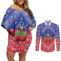 Haiti Paisley Couples Matching Off Shoulder Short Dress and Long Sleeve Button Shirt Haitian Flag Bandana Style - Wonder Print Shop