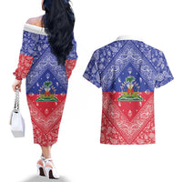 Haiti Paisley Couples Matching Off The Shoulder Long Sleeve Dress and Hawaiian Shirt Haitian Flag Bandana Style - Wonder Print Shop