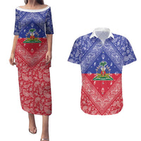 Haiti Paisley Couples Matching Puletasi and Hawaiian Shirt Haitian Flag Bandana Style - Wonder Print Shop