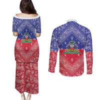 Haiti Paisley Couples Matching Puletasi and Long Sleeve Button Shirt Haitian Flag Bandana Style - Wonder Print Shop
