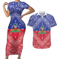 Haiti Paisley Couples Matching Short Sleeve Bodycon Dress and Hawaiian Shirt Haitian Flag Bandana Style - Wonder Print Shop