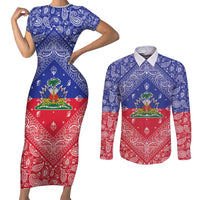 Haiti Paisley Couples Matching Short Sleeve Bodycon Dress and Long Sleeve Button Shirt Haitian Flag Bandana Style - Wonder Print Shop