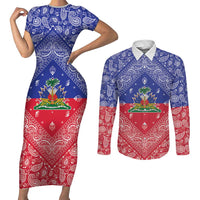 Haiti Paisley Couples Matching Short Sleeve Bodycon Dress and Long Sleeve Button Shirt Haitian Flag Bandana Style - Wonder Print Shop