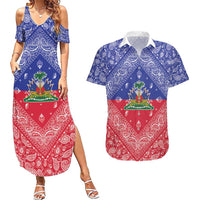 Haiti Paisley Couples Matching Summer Maxi Dress and Hawaiian Shirt Haitian Flag Bandana Style - Wonder Print Shop