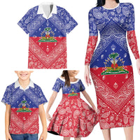 Haiti Paisley Family Matching Long Sleeve Bodycon Dress and Hawaiian Shirt Haitian Flag Bandana Style - Wonder Print Shop