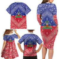 Haiti Paisley Family Matching Long Sleeve Bodycon Dress and Hawaiian Shirt Haitian Flag Bandana Style - Wonder Print Shop
