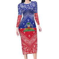 Haiti Paisley Family Matching Long Sleeve Bodycon Dress and Hawaiian Shirt Haitian Flag Bandana Style - Wonder Print Shop