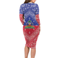 Haiti Paisley Family Matching Long Sleeve Bodycon Dress and Hawaiian Shirt Haitian Flag Bandana Style - Wonder Print Shop