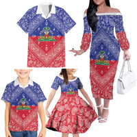 Haiti Paisley Family Matching Off The Shoulder Long Sleeve Dress and Hawaiian Shirt Haitian Flag Bandana Style - Wonder Print Shop