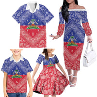 Haiti Paisley Family Matching Off The Shoulder Long Sleeve Dress and Hawaiian Shirt Haitian Flag Bandana Style - Wonder Print Shop