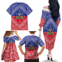 Haiti Paisley Family Matching Off The Shoulder Long Sleeve Dress and Hawaiian Shirt Haitian Flag Bandana Style - Wonder Print Shop