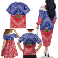 Haiti Paisley Family Matching Off The Shoulder Long Sleeve Dress and Hawaiian Shirt Haitian Flag Bandana Style - Wonder Print Shop