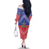 Haiti Paisley Family Matching Off The Shoulder Long Sleeve Dress and Hawaiian Shirt Haitian Flag Bandana Style - Wonder Print Shop