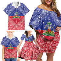 Haiti Paisley Family Matching Off Shoulder Short Dress and Hawaiian Shirt Haitian Flag Bandana Style - Wonder Print Shop
