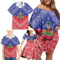 Haiti Paisley Family Matching Off Shoulder Short Dress and Hawaiian Shirt Haitian Flag Bandana Style - Wonder Print Shop