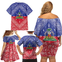 Haiti Paisley Family Matching Off Shoulder Short Dress and Hawaiian Shirt Haitian Flag Bandana Style - Wonder Print Shop