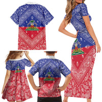 Haiti Paisley Family Matching Short Sleeve Bodycon Dress and Hawaiian Shirt Haitian Flag Bandana Style - Wonder Print Shop