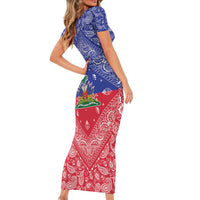 Haiti Paisley Family Matching Short Sleeve Bodycon Dress and Hawaiian Shirt Haitian Flag Bandana Style - Wonder Print Shop