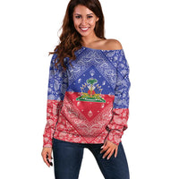 Haiti Paisley Off Shoulder Sweater Haitian Flag Bandana Style - Wonder Print Shop