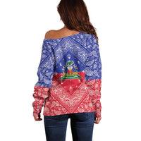 Haiti Paisley Off Shoulder Sweater Haitian Flag Bandana Style - Wonder Print Shop