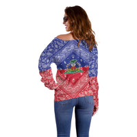 Haiti Paisley Off Shoulder Sweater Haitian Flag Bandana Style - Wonder Print Shop