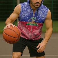 Haiti Paisley Sleeveless Zip Hoodie Haitian Flag Bandana Style - Wonder Print Shop