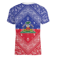 Haiti Paisley Women V-Neck T-Shirt Haitian Flag Bandana Style - Wonder Print Shop