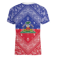 Haiti Paisley Women V-Neck T-Shirt Haitian Flag Bandana Style - Wonder Print Shop