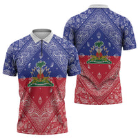 Haiti Paisley Zipper Polo Shirt Haitian Flag Bandana Style - Wonder Print Shop