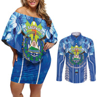 Viva El Salvador Couples Matching Off Shoulder Short Dress and Long Sleeve Button Shirt Happy Independence Day - Wonder Print Shop