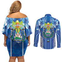 Viva El Salvador Couples Matching Off Shoulder Short Dress and Long Sleeve Button Shirt Happy Independence Day - Wonder Print Shop