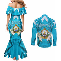 Honduras Independence Day Couples Matching Mermaid Dress and Long Sleeve Button Shirt Coat Of Arms Special Style - Wonder Print Shop