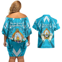 Honduras Independence Day Couples Matching Off Shoulder Short Dress and Hawaiian Shirt Coat Of Arms Special Style - Wonder Print Shop