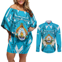 Honduras Independence Day Couples Matching Off Shoulder Short Dress and Long Sleeve Button Shirt Coat Of Arms Special Style - Wonder Print Shop